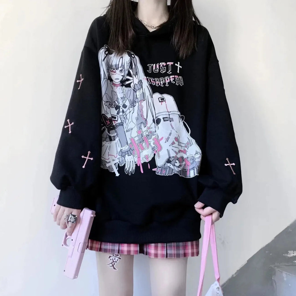 kawaiies-softtoys-plushies-kawaii-plush-Anime Emo Girl 'Just Disappear' Women's Hoodie Hoodies Black S 