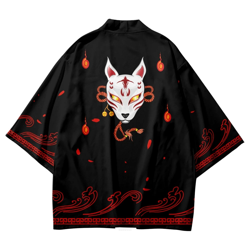 kawaiies-softtoys-plushies-kawaii-plush-Anime White Fox Mask Black Red Unisex Kimono Kimono 