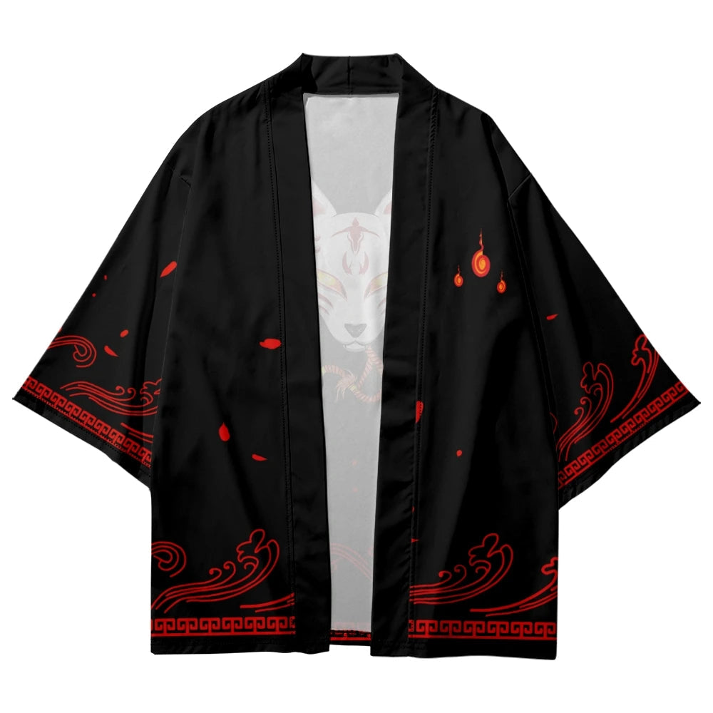 kawaiies-softtoys-plushies-kawaii-plush-Anime White Fox Mask Black Red Unisex Kimono Kimono 