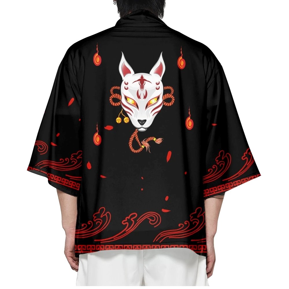 kawaiies-softtoys-plushies-kawaii-plush-Anime White Fox Mask Black Red Unisex Kimono Kimono 