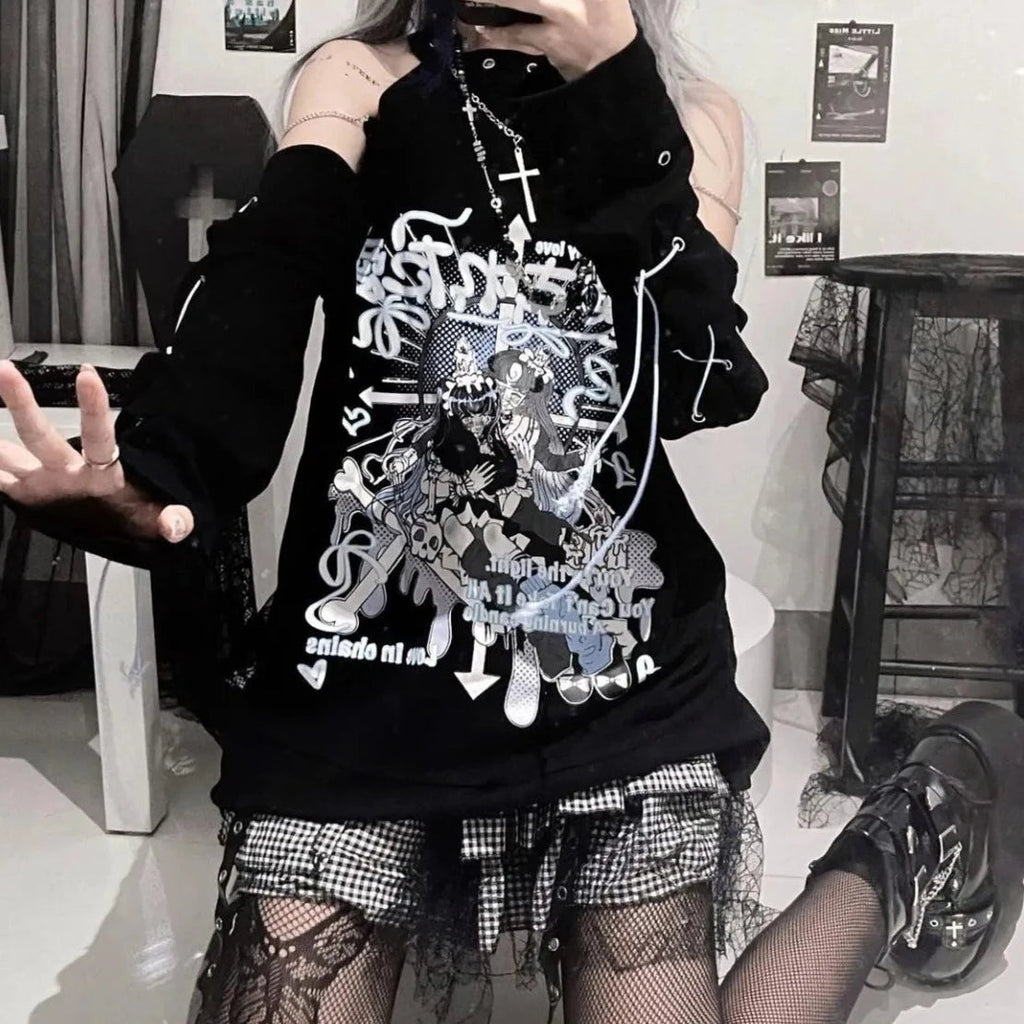 kawaiies-softtoys-plushies-kawaii-plush-Black Gothic Harajuku Anime Off-Shoulder Long Sleeve Tee Tops 