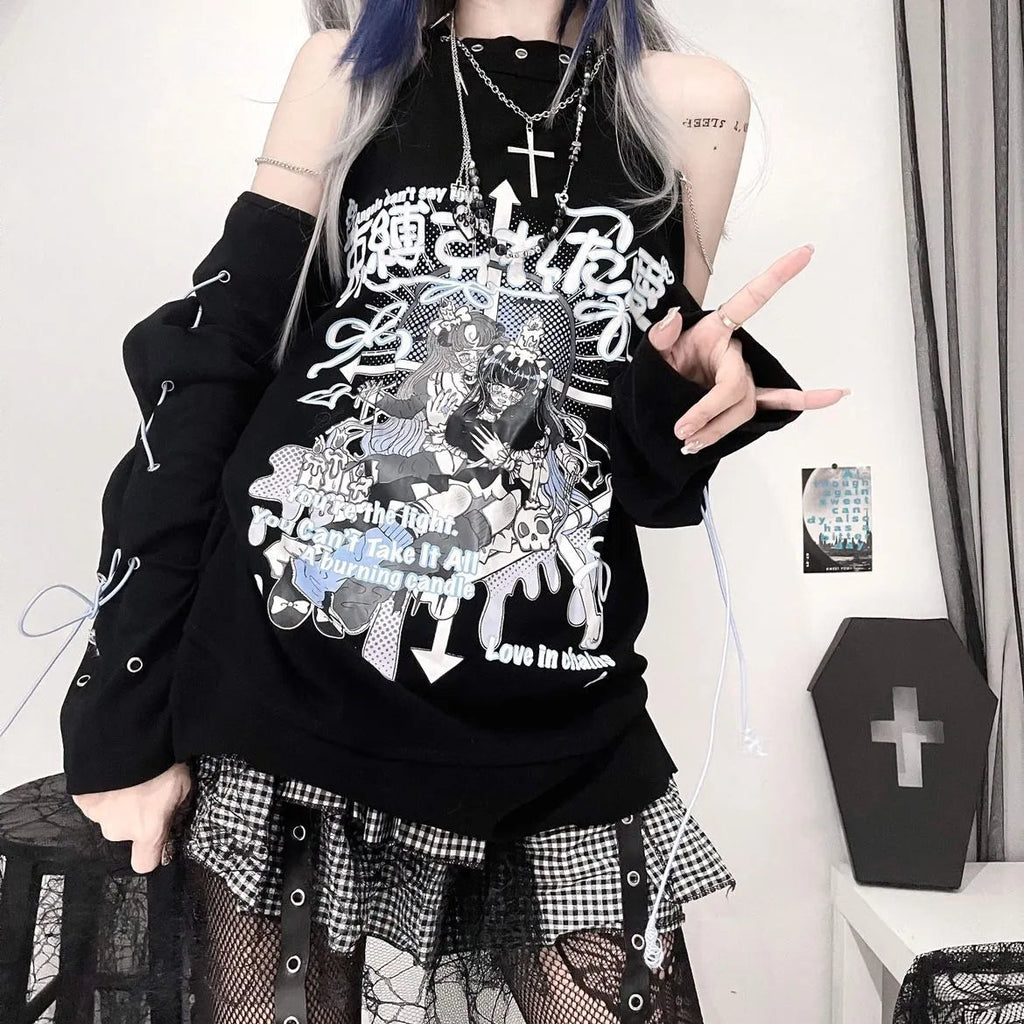 kawaiies-softtoys-plushies-kawaii-plush-Black Gothic Harajuku Anime Off-Shoulder Long Sleeve Tee Tops 