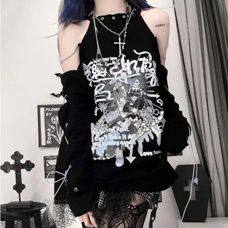 kawaiies-softtoys-plushies-kawaii-plush-Black Gothic Harajuku Anime Off-Shoulder Long Sleeve Tee Tops 