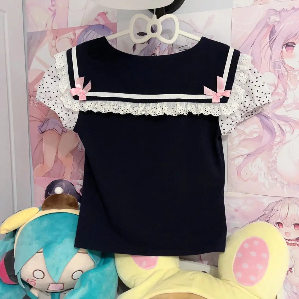 kawaiies-softtoys-plushies-kawaii-plush-Black Japanese-themed Harajuku Panda Lace Women's Tee Apparel 