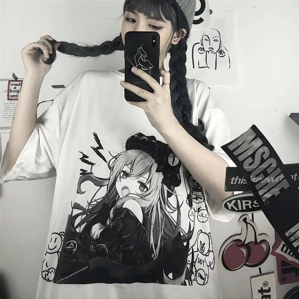 kawaiies-softtoys-plushies-kawaii-plush-Black & White Anime Girl Bear Tee Apparel 