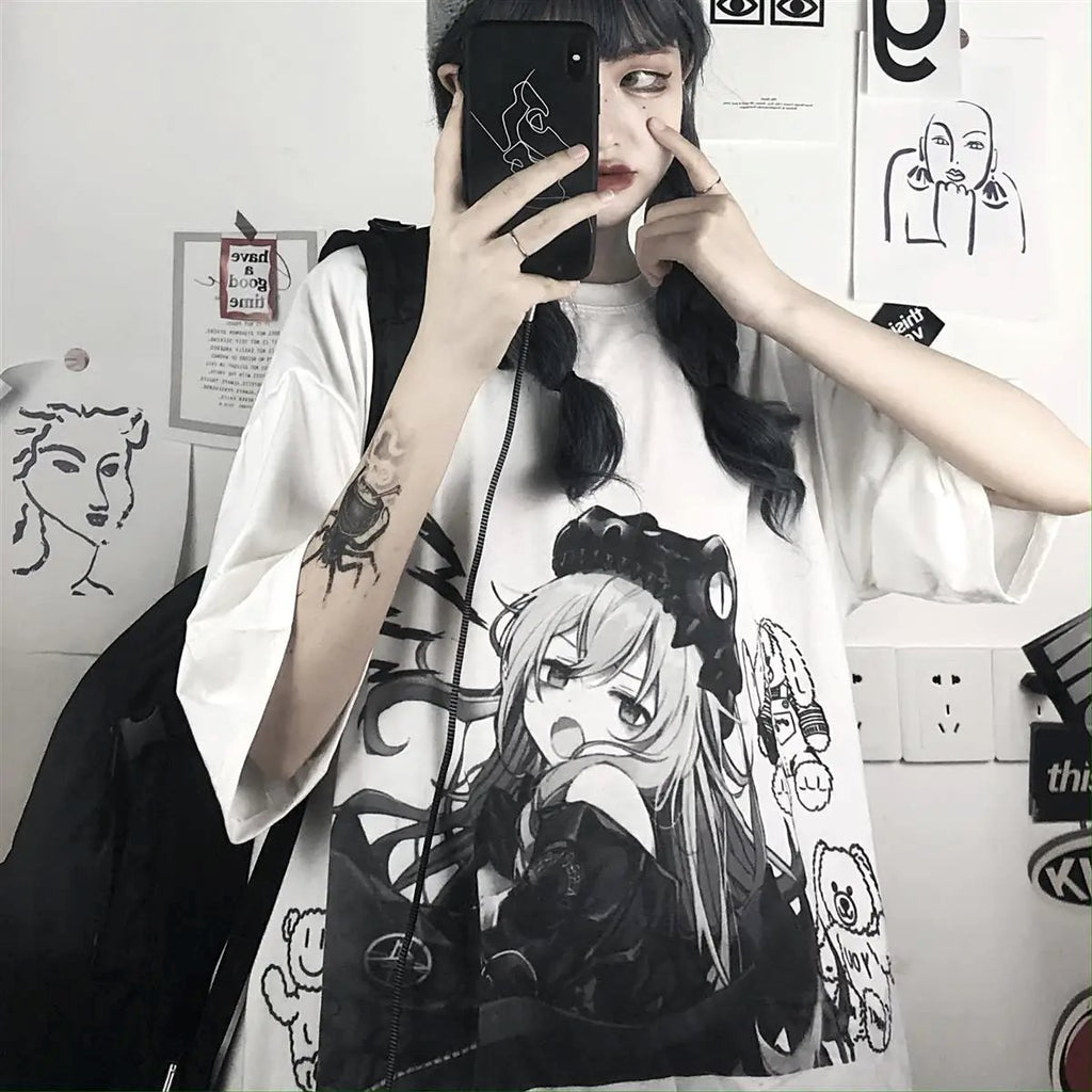 kawaiies-softtoys-plushies-kawaii-plush-Black & White Anime Girl Bear Tee Apparel 