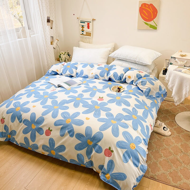 kawaiies-softtoys-plushies-kawaii-plush-Blue Flowers Peach Polyester Bedding Set Bedding Sets 