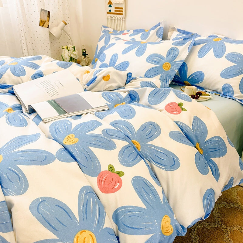 kawaiies-softtoys-plushies-kawaii-plush-Blue Flowers Peach Polyester Bedding Set Bedding Sets 