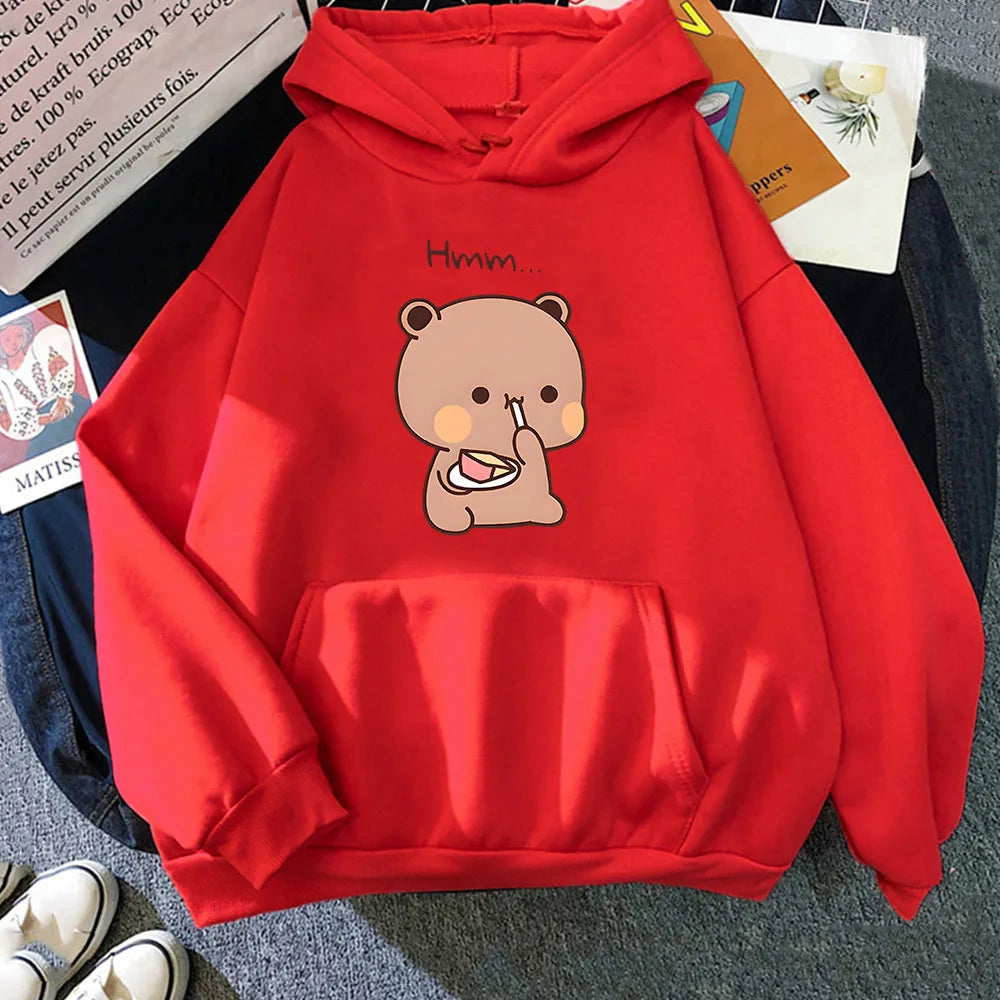 kawaiies-softtoys-plushies-kawaii-plush-Boba the Brown Bear Munching Cake Unisex Hoodies Apparel Red XS 