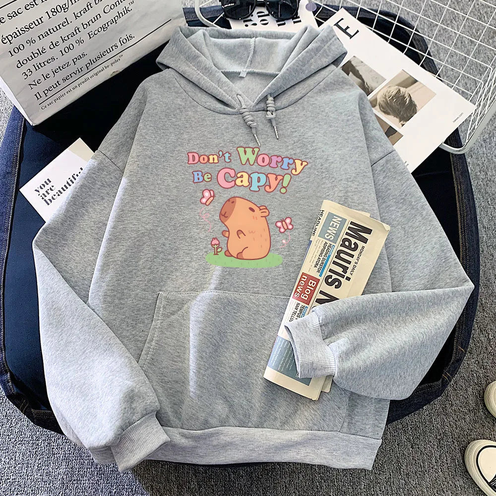 kawaiies-softtoys-plushies-kawaii-plush-Capybara Don't Worry Be Capy Unisex Hoodie Apparel Gray XS 