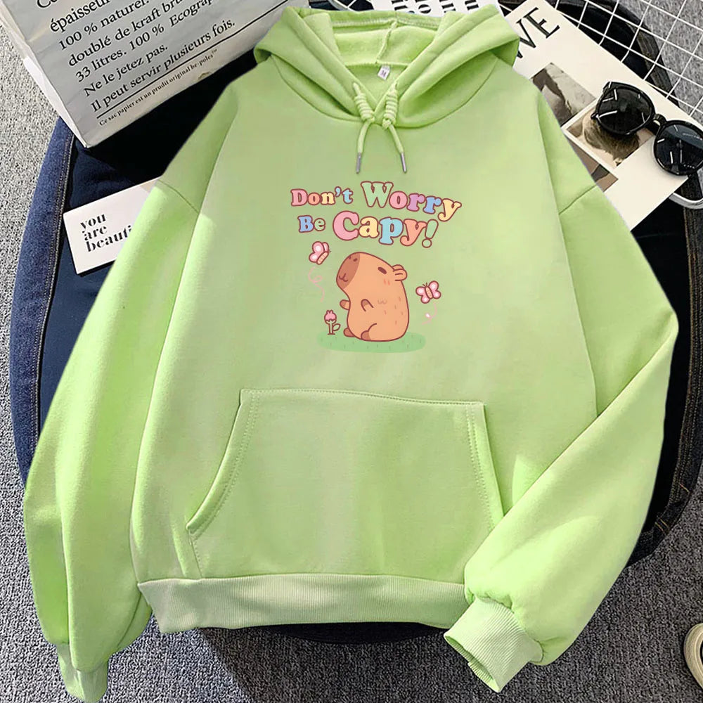 kawaiies-softtoys-plushies-kawaii-plush-Capybara Don't Worry Be Capy Unisex Hoodie Apparel Light Green XXXL 