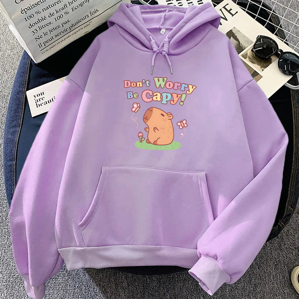 kawaiies-softtoys-plushies-kawaii-plush-Capybara Don't Worry Be Capy Unisex Hoodie Apparel Light Purple L 