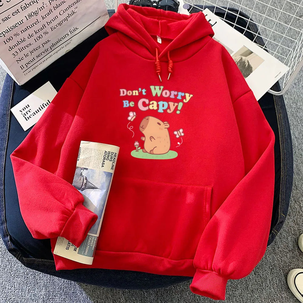 kawaiies-softtoys-plushies-kawaii-plush-Capybara Don't Worry Be Capy Unisex Hoodie Apparel Red XS 