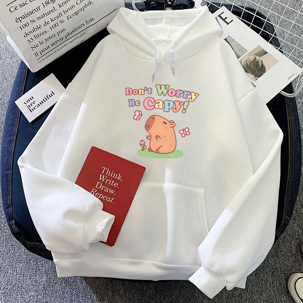 kawaiies-softtoys-plushies-kawaii-plush-Capybara Don't Worry Be Capy Unisex Hoodie Apparel White S 