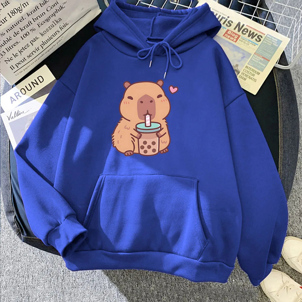 kawaiies-softtoys-plushies-kawaii-plush-Capybara Drinking Bubble Tea Unisex Hoodie Apparel Blue XS 