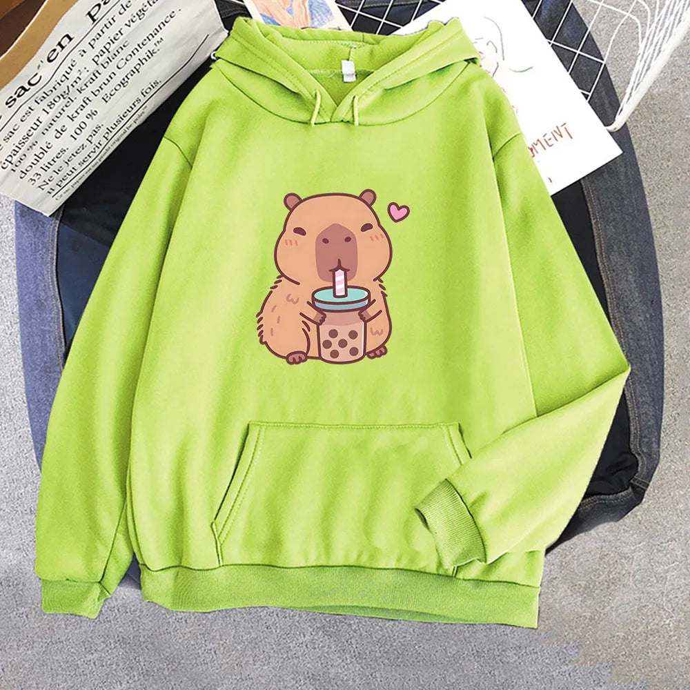 kawaiies-softtoys-plushies-kawaii-plush-Capybara Drinking Bubble Tea Unisex Hoodie Apparel LIme XS 