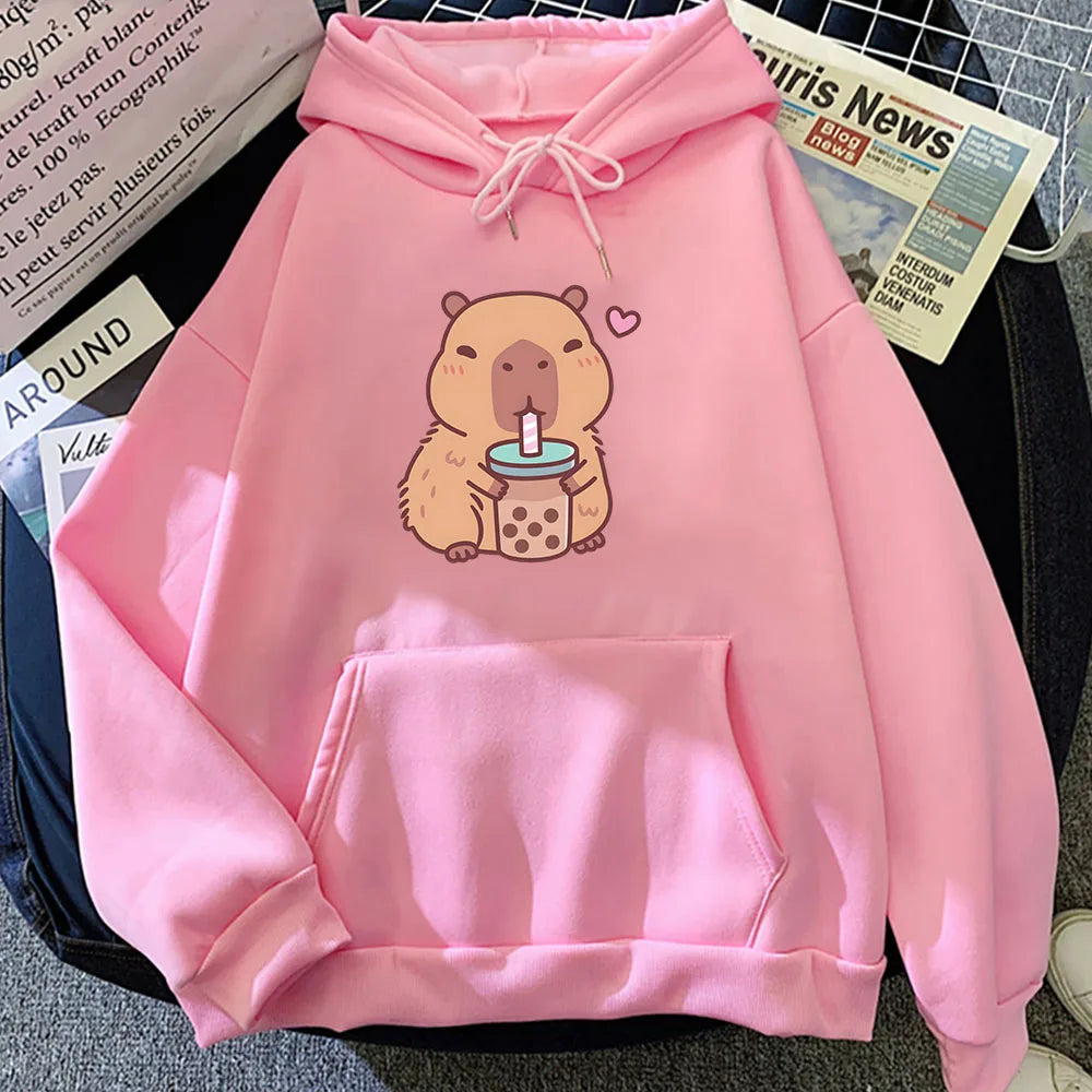 kawaiies-softtoys-plushies-kawaii-plush-Capybara Drinking Bubble Tea Unisex Hoodie Apparel Pink XS 