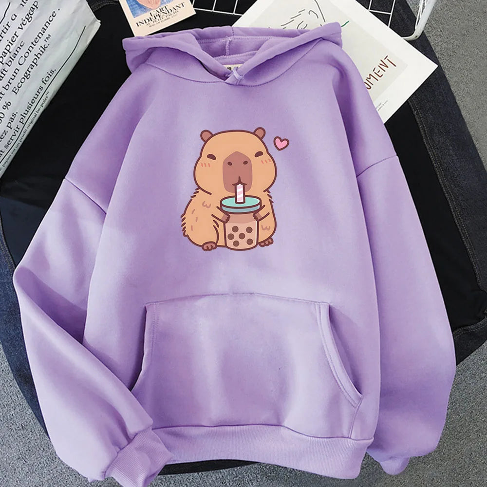 kawaiies-softtoys-plushies-kawaii-plush-Capybara Drinking Bubble Tea Unisex Hoodie Apparel Purple XS 