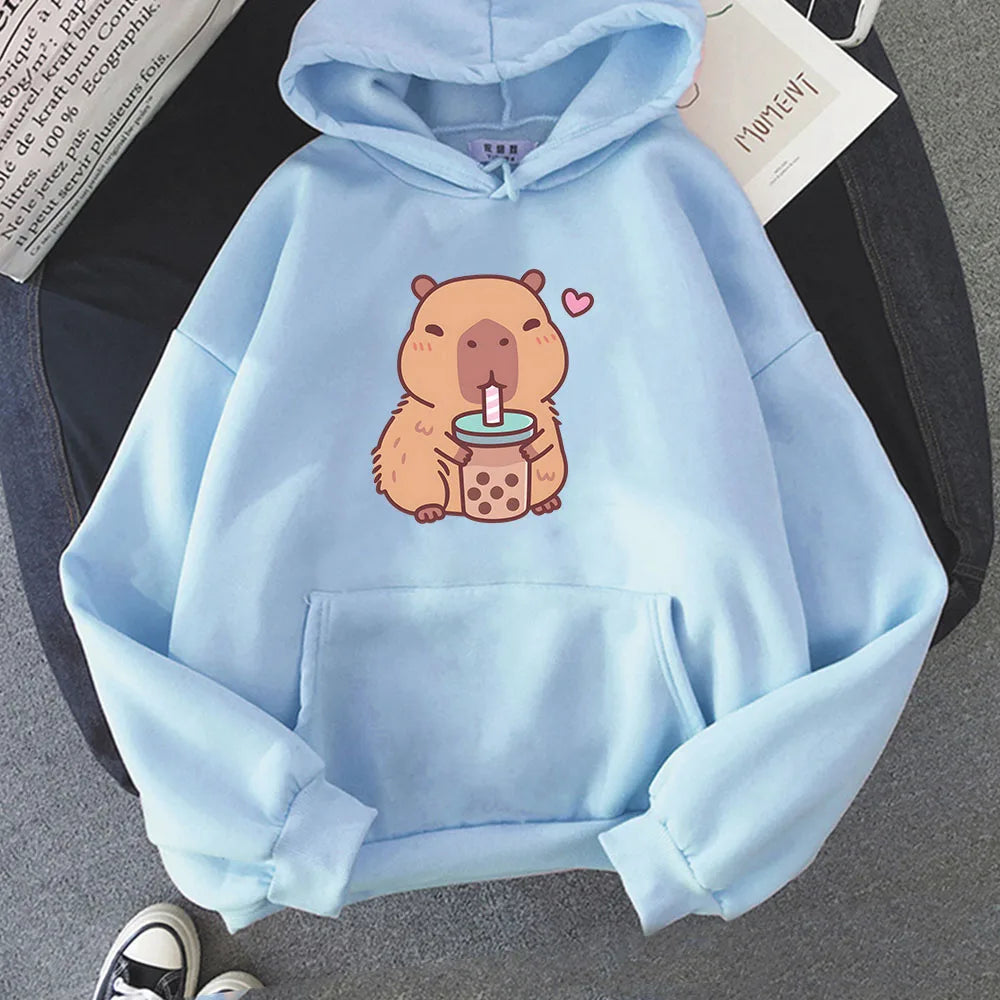 kawaiies-softtoys-plushies-kawaii-plush-Capybara Drinking Bubble Tea Unisex Hoodie Apparel Sky Blue XS 