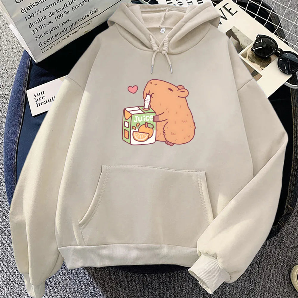 kawaiies-softtoys-plushies-kawaii-plush-Capybara Drinking Orange Juice Unisex Hoodie Apparel Cream L 