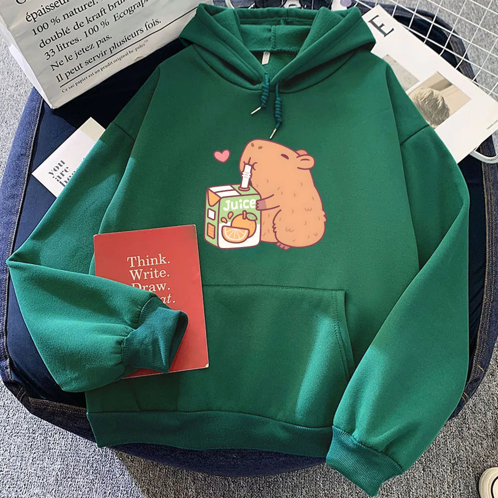 kawaiies-softtoys-plushies-kawaii-plush-Capybara Drinking Orange Juice Unisex Hoodie Apparel Dark Green XL 