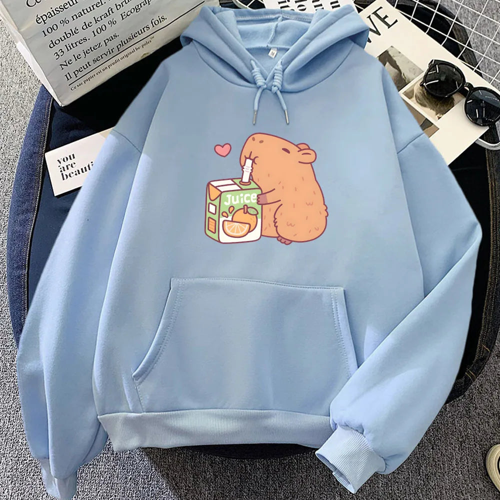 kawaiies-softtoys-plushies-kawaii-plush-Capybara Drinking Orange Juice Unisex Hoodie Apparel Light Blue S 