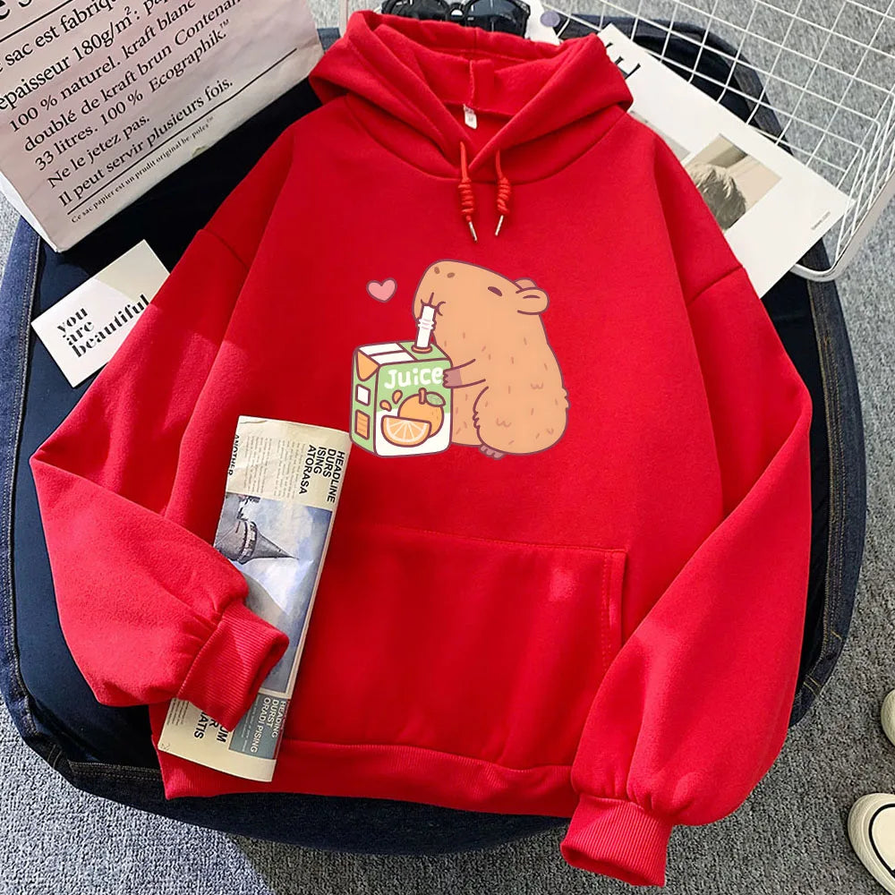 kawaiies-softtoys-plushies-kawaii-plush-Capybara Drinking Orange Juice Unisex Hoodie Apparel Red XXXL 