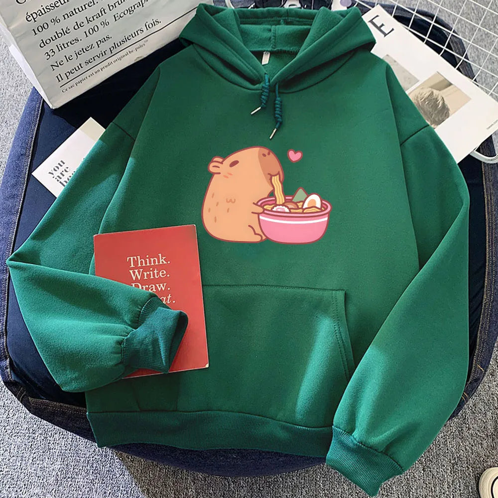 kawaiies-softtoys-plushies-kawaii-plush-Capybara Eating Ramen Unisex Hoodie Apparel Dark Green XXL 