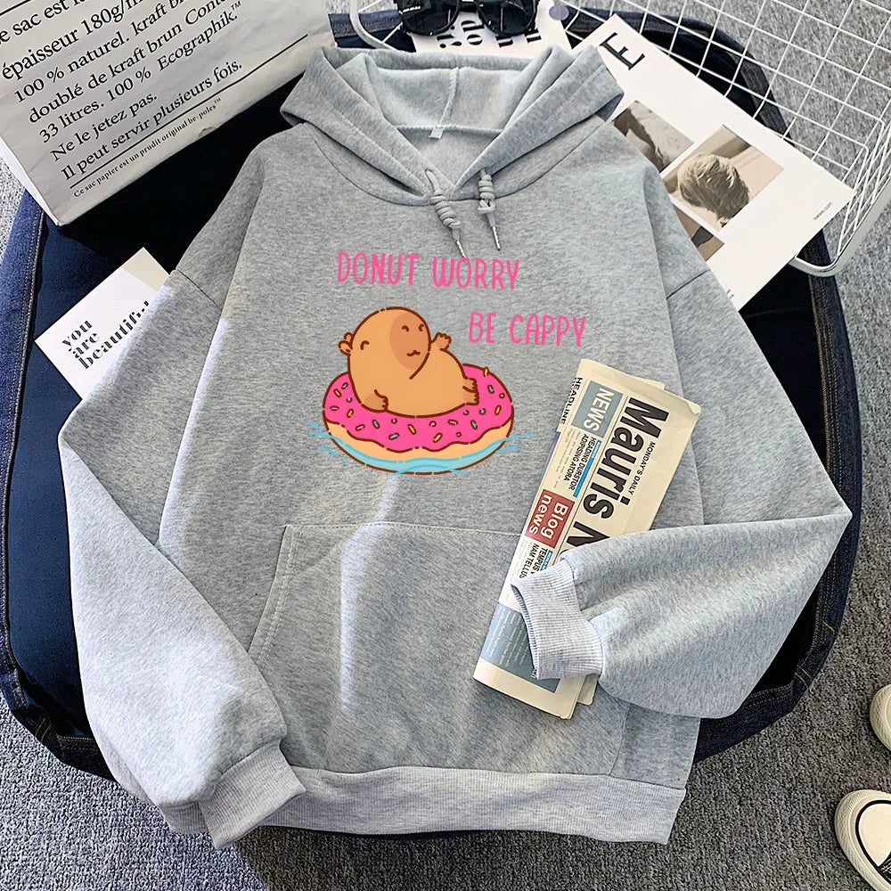 kawaiies-softtoys-plushies-kawaii-plush-Capybara Floating Donut Don't Worry Be Cappy Unisex Hoodies Apparel Gray XS 