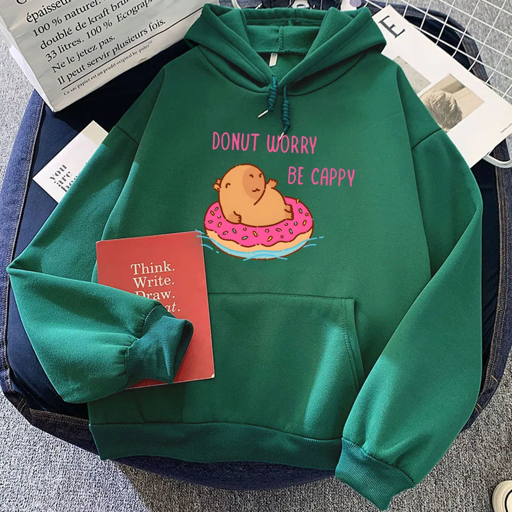 kawaiies-softtoys-plushies-kawaii-plush-Capybara Floating Donut Don't Worry Be Cappy Unisex Hoodies Apparel Green XS 