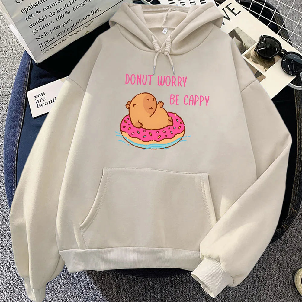 kawaiies-softtoys-plushies-kawaii-plush-Capybara Floating Donut Don't Worry Be Cappy Unisex Hoodies Apparel Khaki XS 