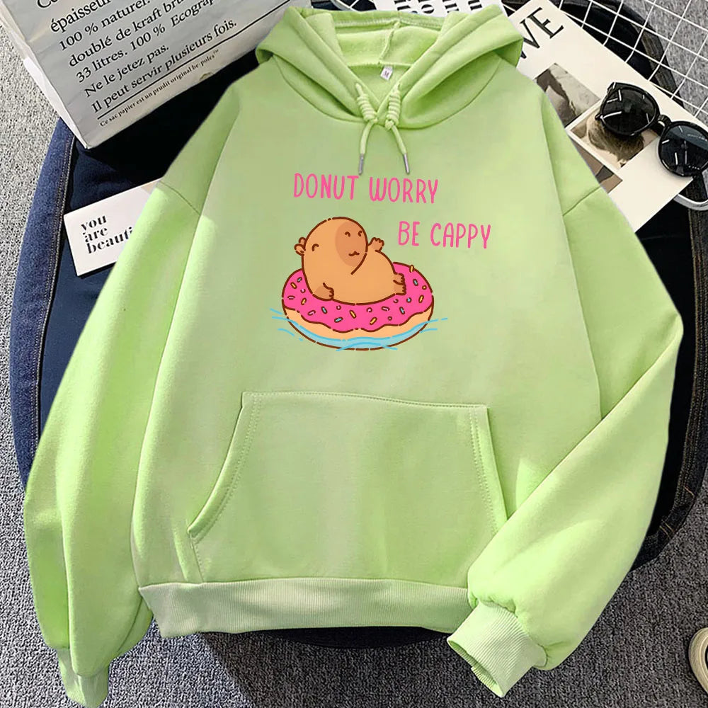 kawaiies-softtoys-plushies-kawaii-plush-Capybara Floating Donut Don't Worry Be Cappy Unisex Hoodies Apparel Lime XS 