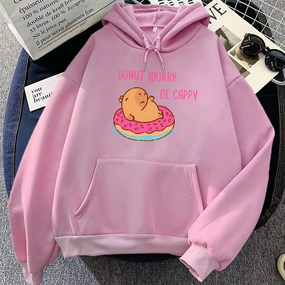 kawaiies-softtoys-plushies-kawaii-plush-Capybara Floating Donut Don't Worry Be Cappy Unisex Hoodies Apparel Pink XS 