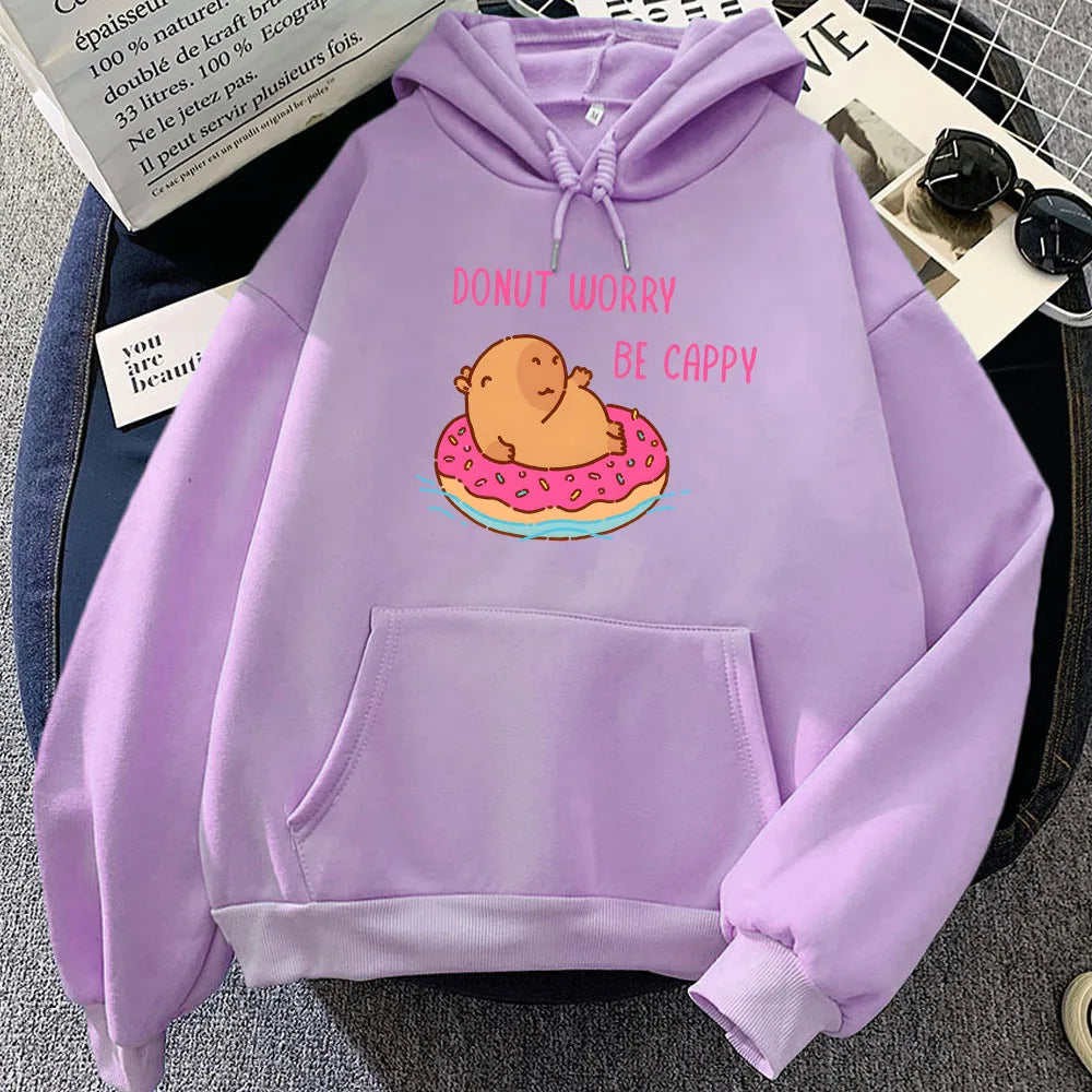 kawaiies-softtoys-plushies-kawaii-plush-Capybara Floating Donut Don't Worry Be Cappy Unisex Hoodies Apparel Purple XS 