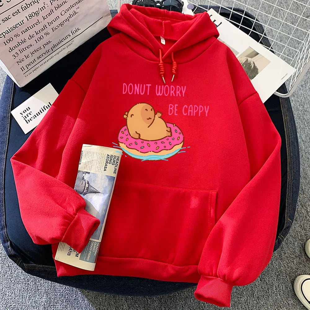 kawaiies-softtoys-plushies-kawaii-plush-Capybara Floating Donut Don't Worry Be Cappy Unisex Hoodies Apparel Red XS 