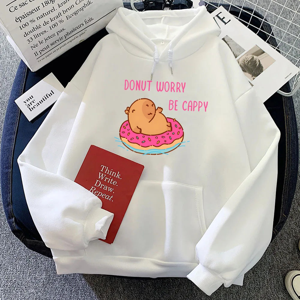 kawaiies-softtoys-plushies-kawaii-plush-Capybara Floating Donut Don't Worry Be Cappy Unisex Hoodies Apparel White XS 