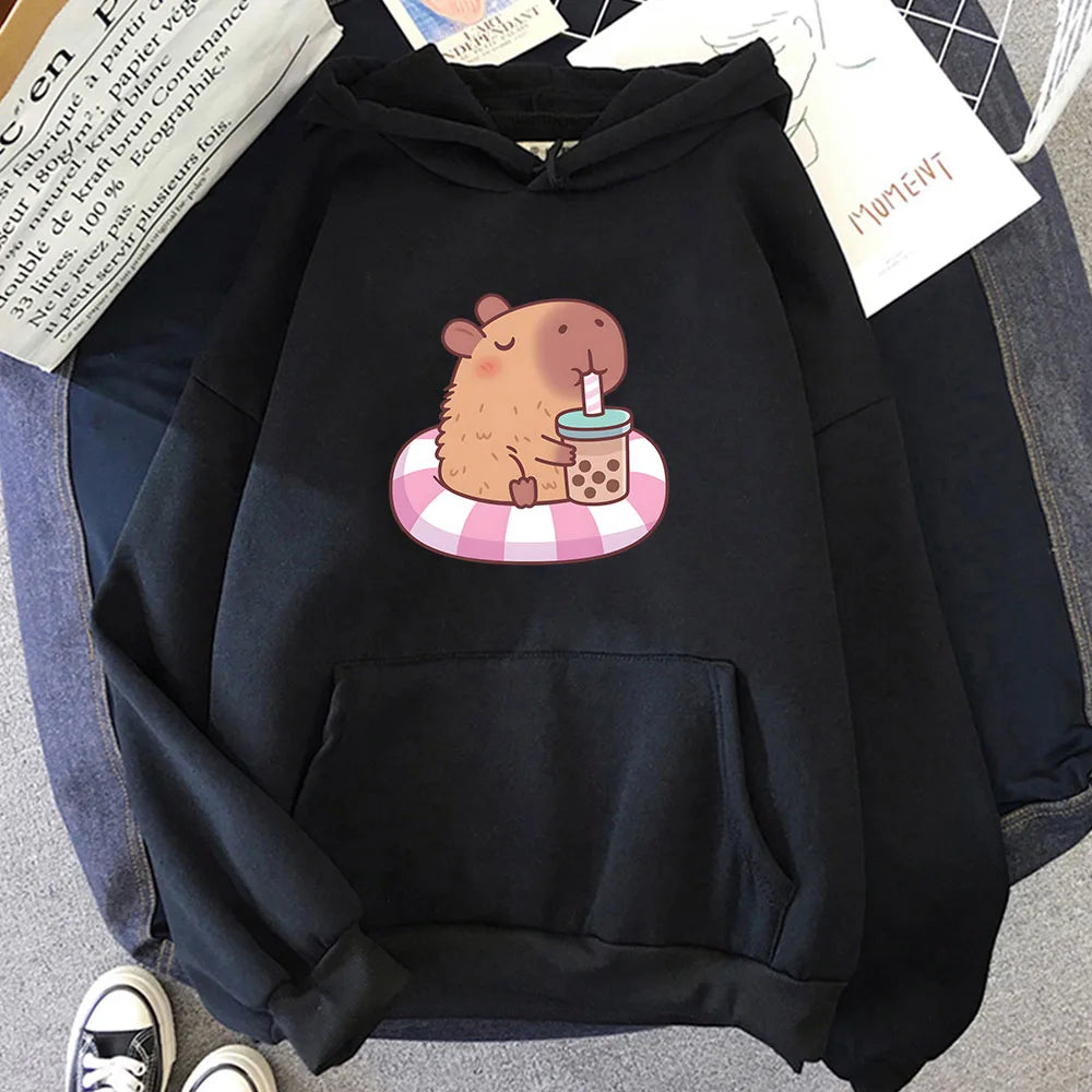 kawaiies-softtoys-plushies-kawaii-plush-Capybara Floating & Sipping Bubble Tea Unisex Hoodie Apparel Black XS 