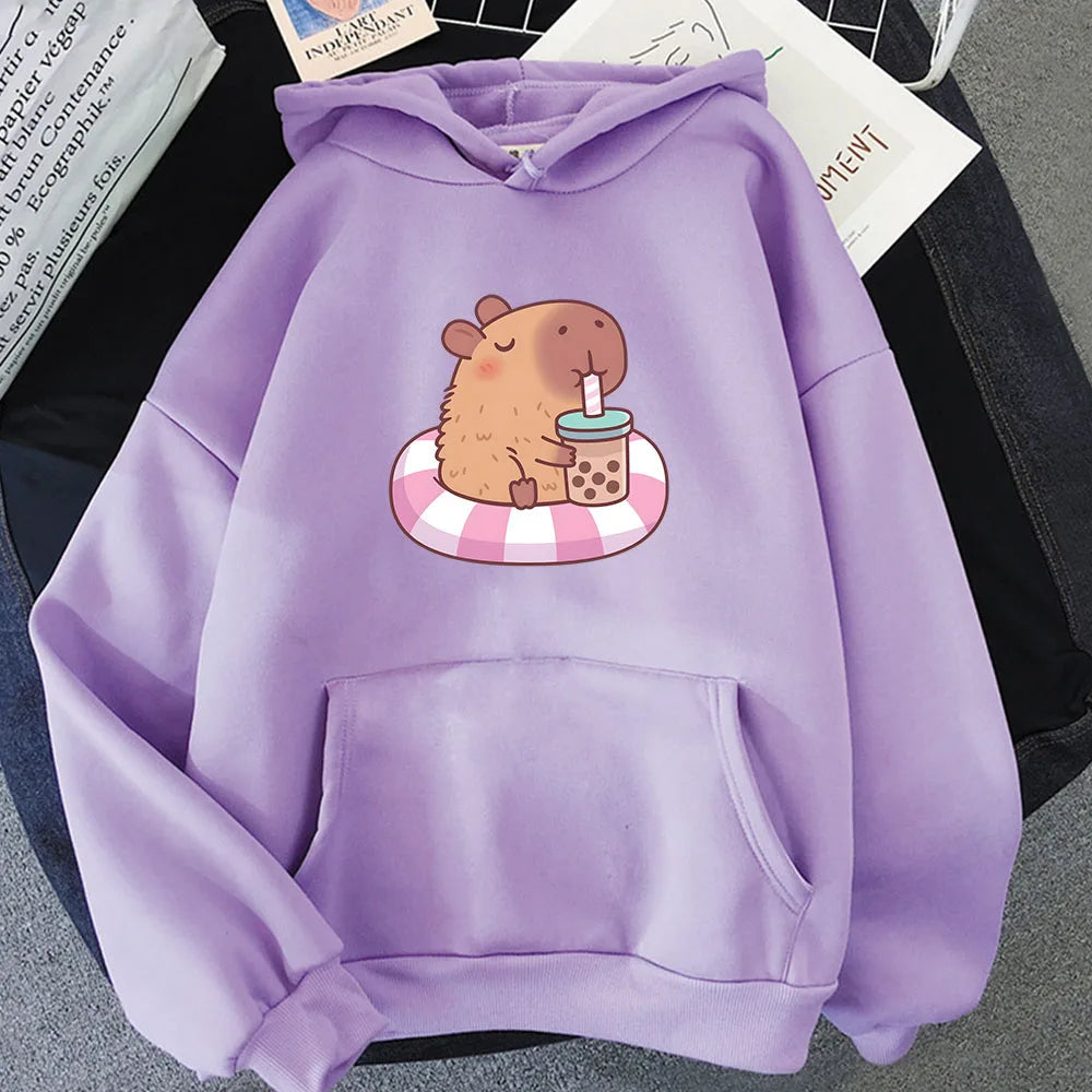 kawaiies-softtoys-plushies-kawaii-plush-Capybara Floating & Sipping Bubble Tea Unisex Hoodie Apparel Purple XS 