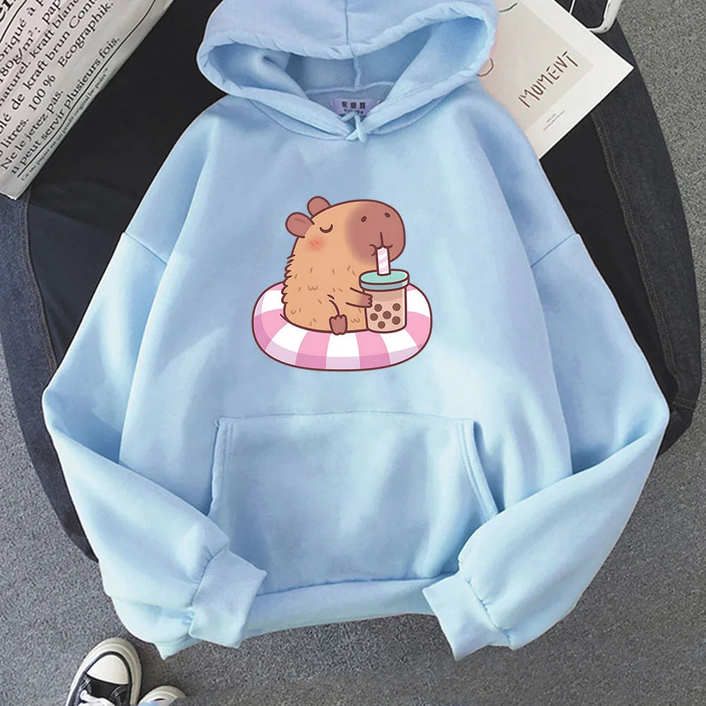 kawaiies-softtoys-plushies-kawaii-plush-Capybara Floating & Sipping Bubble Tea Unisex Hoodie Apparel Sky Blue XS 