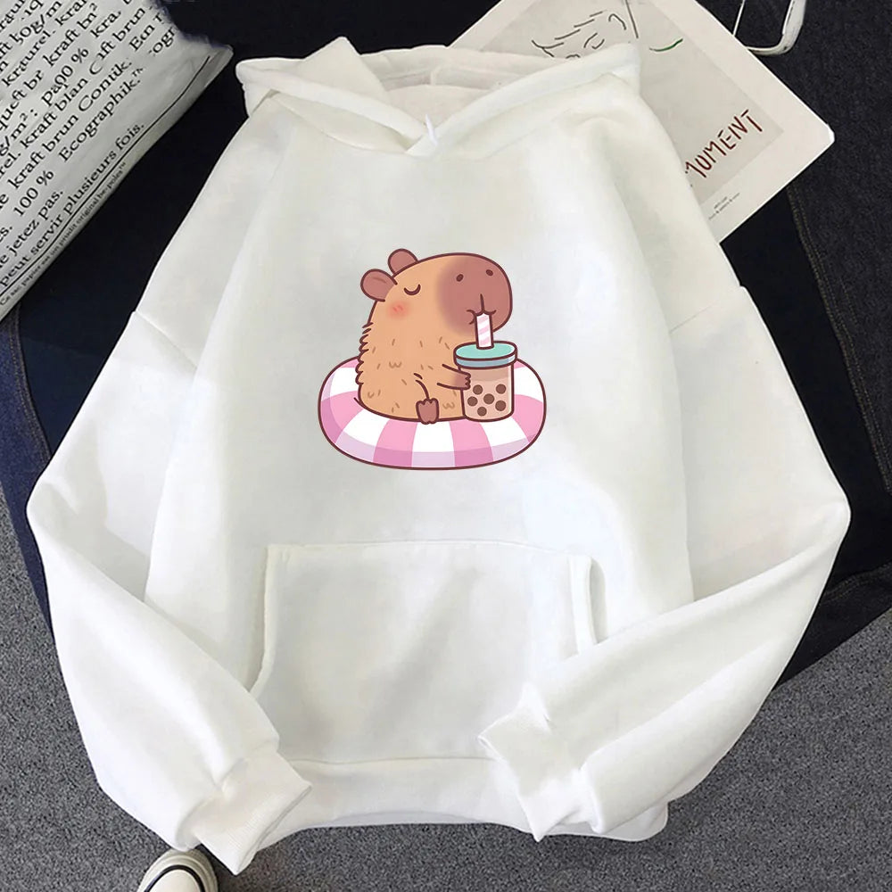 kawaiies-softtoys-plushies-kawaii-plush-Capybara Floating & Sipping Bubble Tea Unisex Hoodie Apparel White XS 