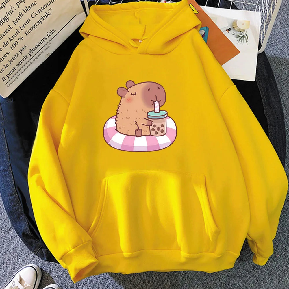 kawaiies-softtoys-plushies-kawaii-plush-Capybara Floating & Sipping Bubble Tea Unisex Hoodie Apparel Yellow XS 