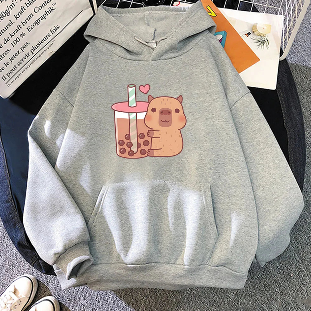 kawaiies-softtoys-plushies-kawaii-plush-Capybara Hugging Drinking Bubble Tea Unisex Hoodie Apparel Gray XS 