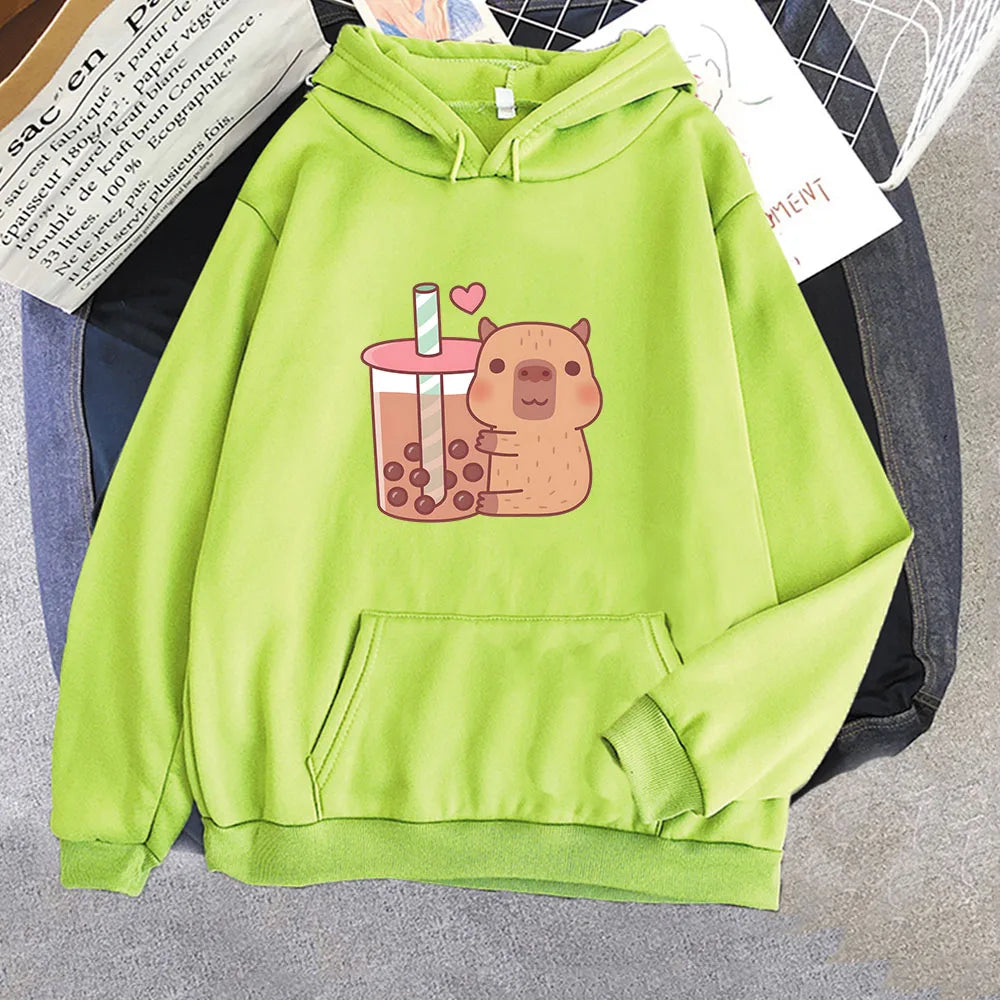 kawaiies-softtoys-plushies-kawaii-plush-Capybara Hugging Drinking Bubble Tea Unisex Hoodie Apparel Lime XS 