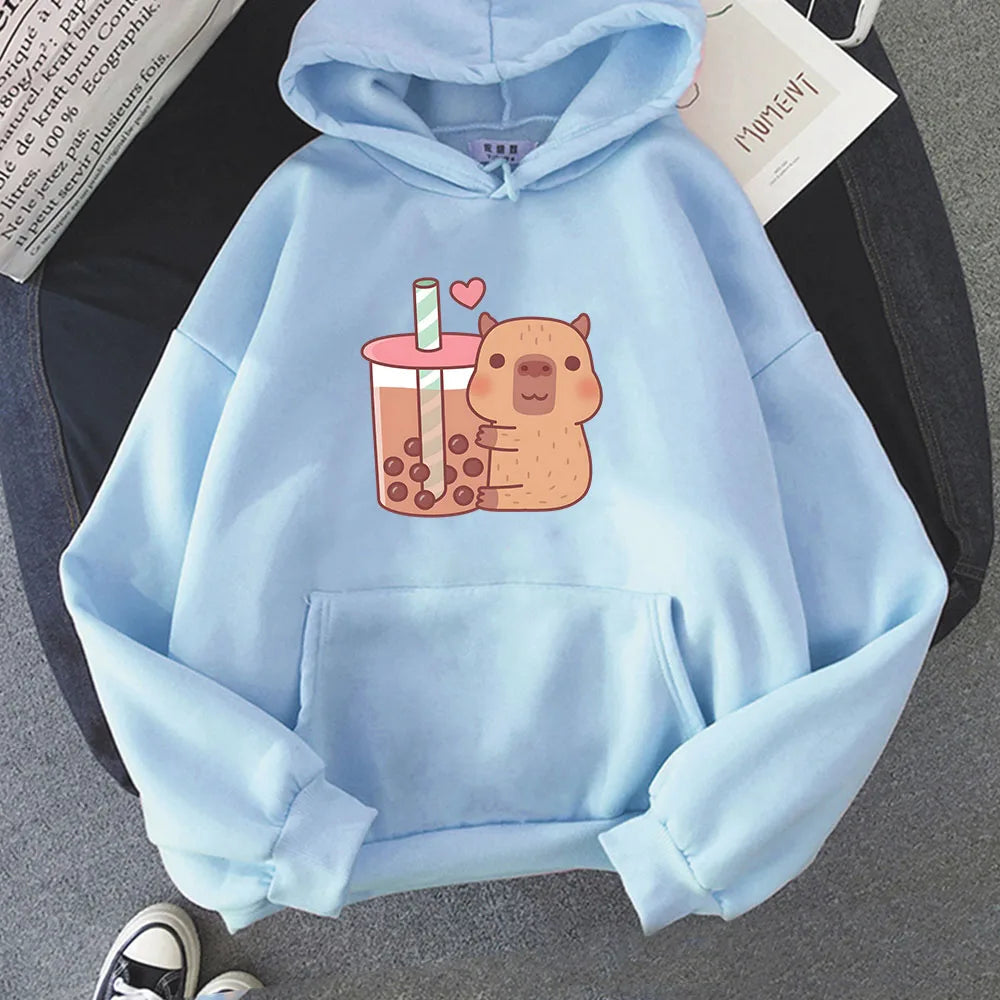 kawaiies-softtoys-plushies-kawaii-plush-Capybara Hugging Drinking Bubble Tea Unisex Hoodie Apparel Sky Blue XS 