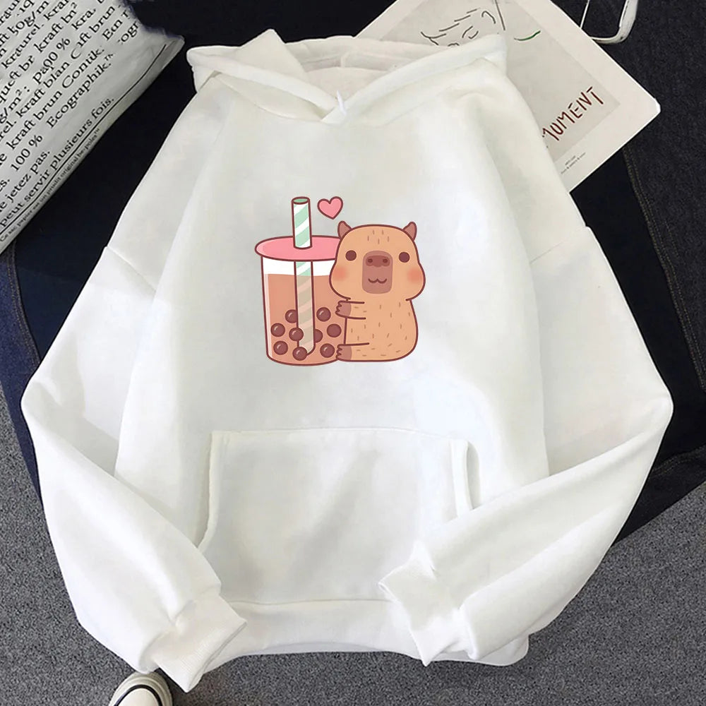 kawaiies-softtoys-plushies-kawaii-plush-Capybara Hugging Drinking Bubble Tea Unisex Hoodie Apparel White XS 