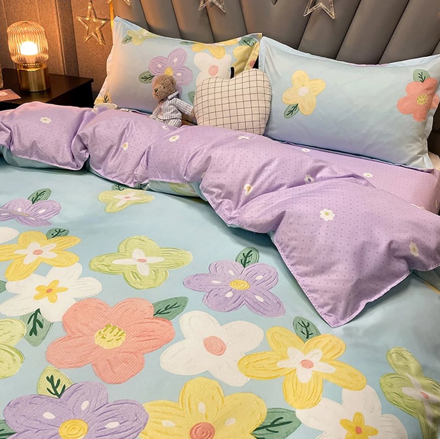 kawaiies-softtoys-plushies-kawaii-plush-Cartoon Floral Pink Purple Green Bedding Set Collection Home Decor 