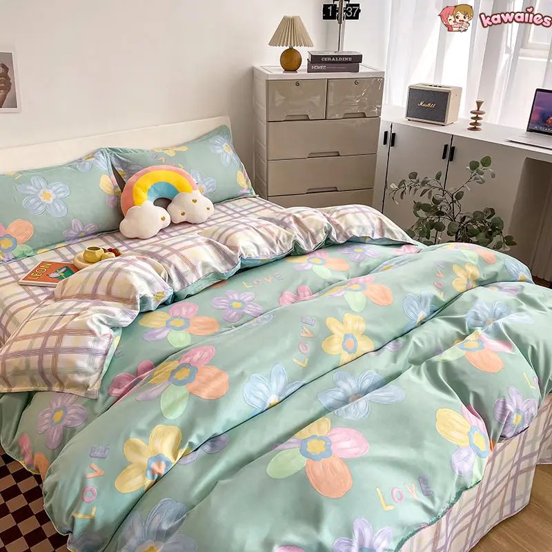 kawaiies-softtoys-plushies-kawaii-plush-Cartoon Floral Pink Purple Green Bedding Set Collection Home Decor 