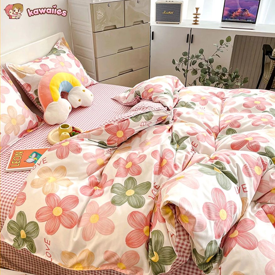 kawaiies-softtoys-plushies-kawaii-plush-Cartoon Floral Pink Purple Green Bedding Set Collection Home Decor 