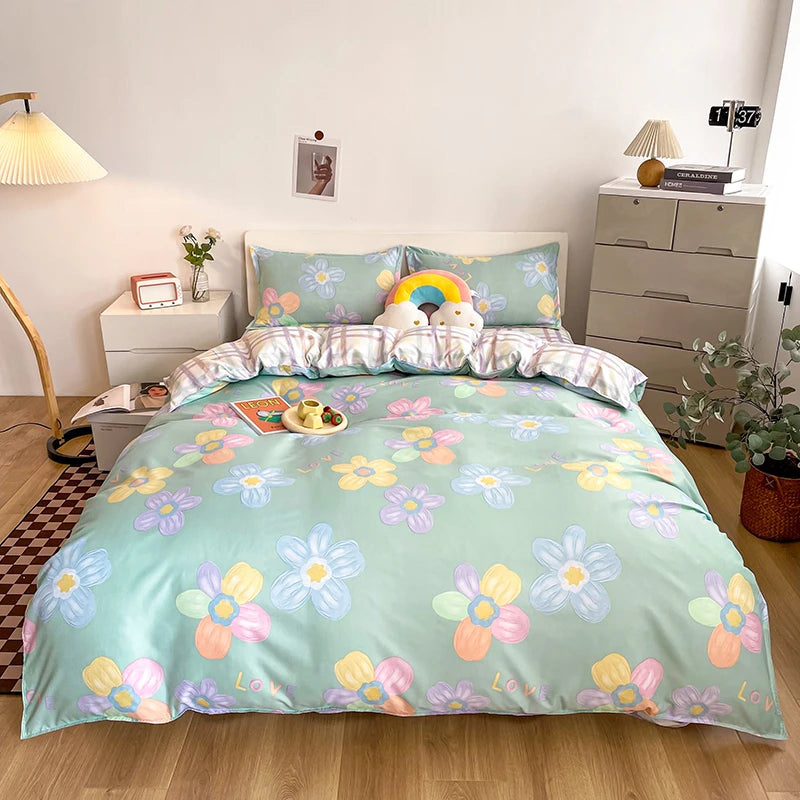 kawaiies-softtoys-plushies-kawaii-plush-Cartoon Floral Pink Purple Green Bedding Set Collection Home Decor Green Single 