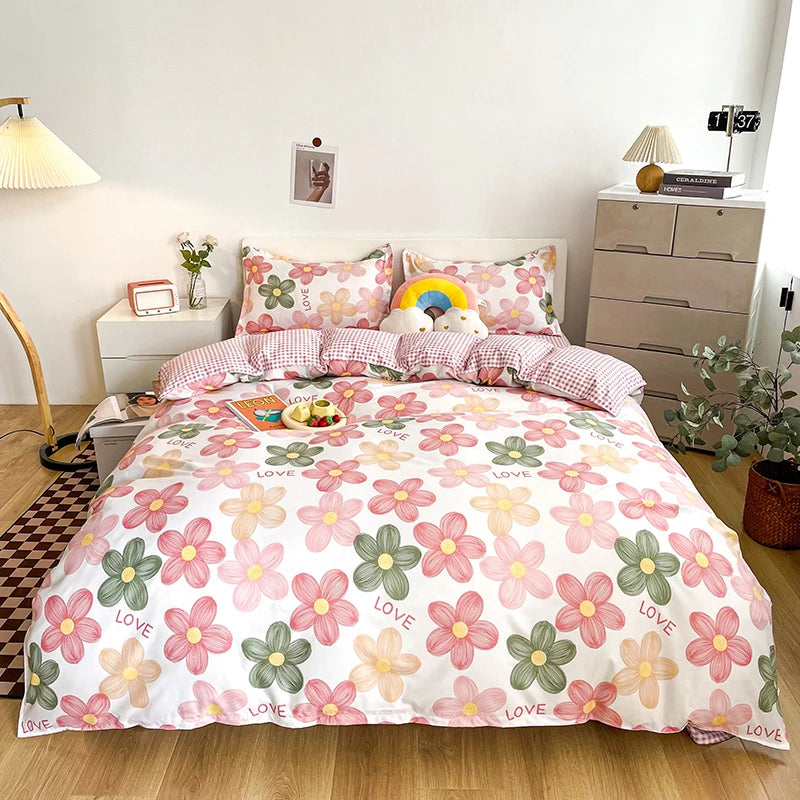 kawaiies-softtoys-plushies-kawaii-plush-Cartoon Floral Pink Purple Green Bedding Set Collection Home Decor Pink Full 